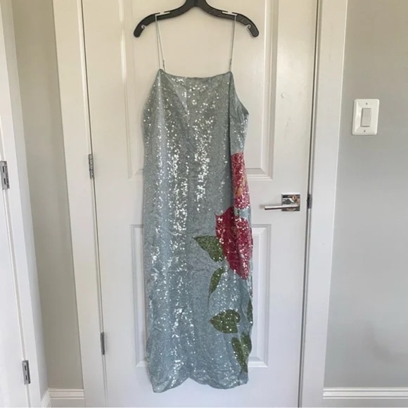 Anthropologie Farm Rio Sequin Blue Anthurium Flowers Midi Slip Dress - Picture 4 of 6